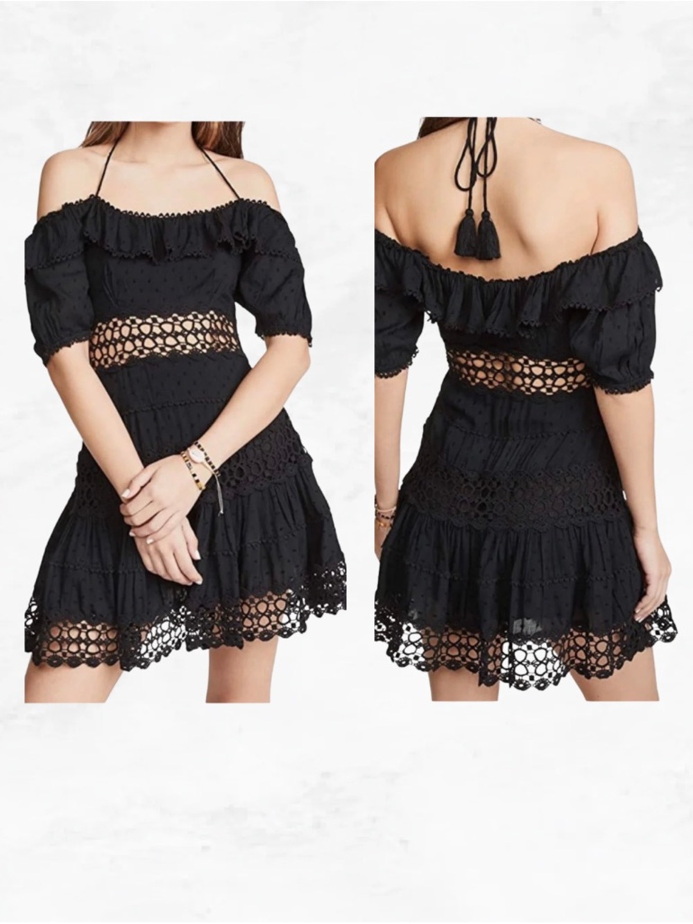 Free People Black Crochet Mini Dress Off Shoulder Puff Sleeve XS Whimsigoth